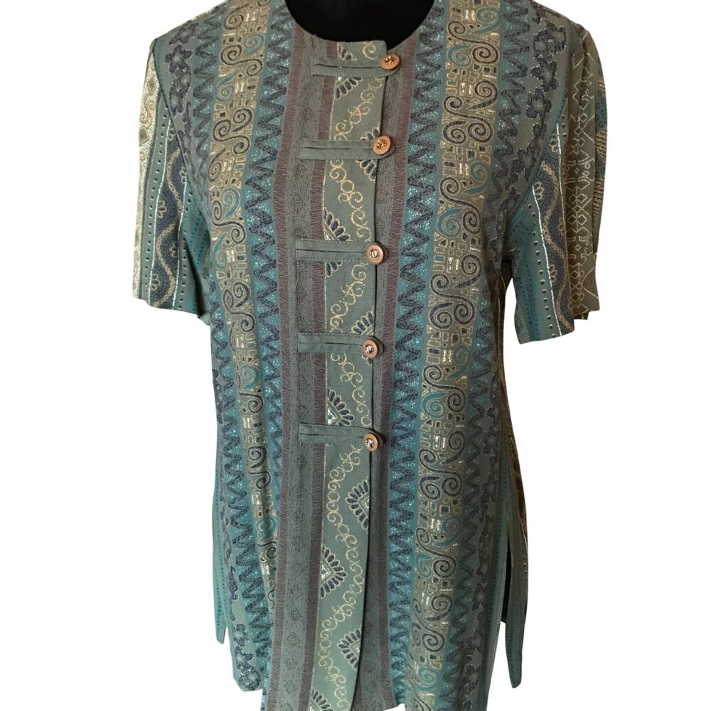 70s Asian Blouse R&M Richards Lightweight Tunic Olive Green Gold Size 12 Petite